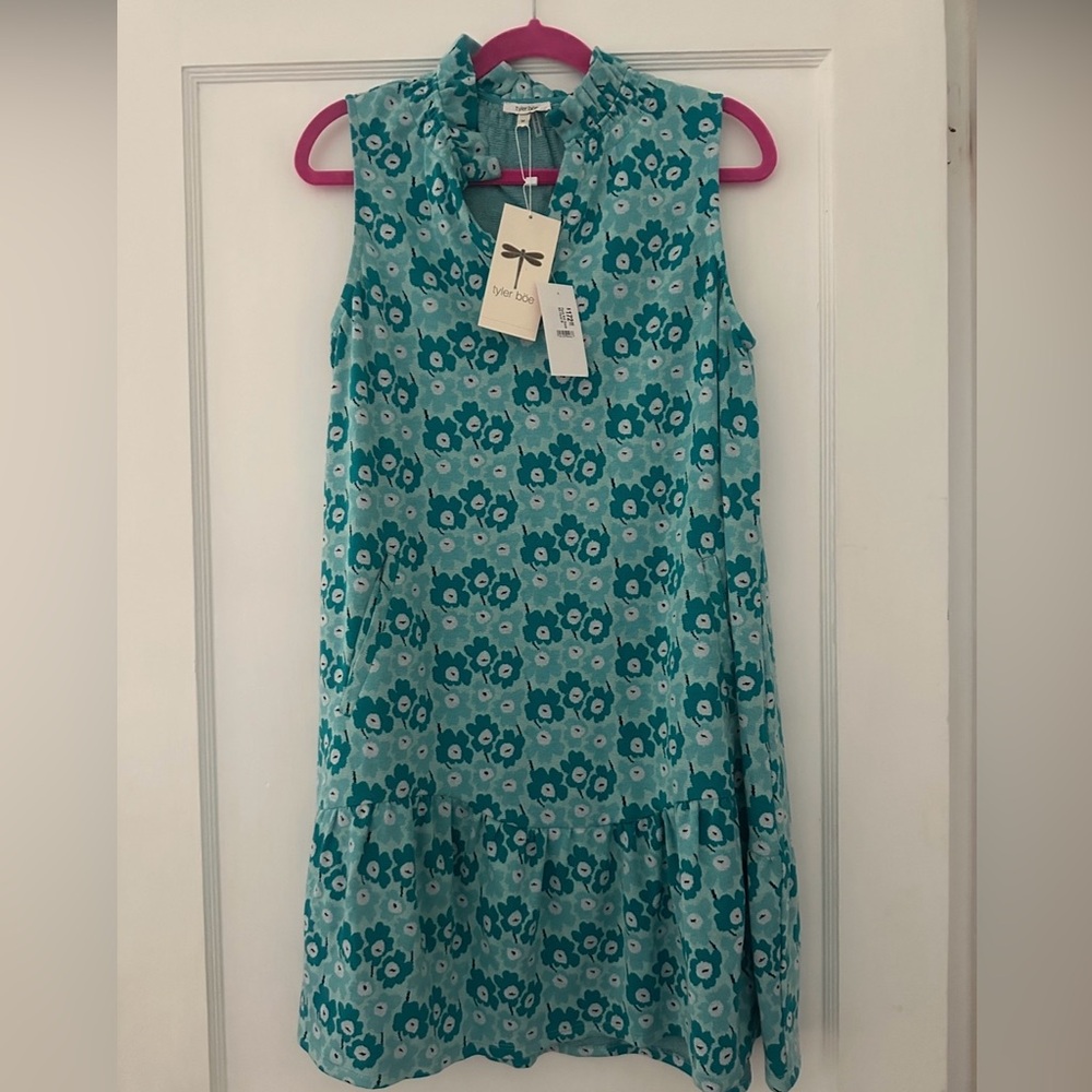 Tyler Boe Paula Knit multi-floral Ruffle Neck Sleeveless Dress NWT Aqua Teal